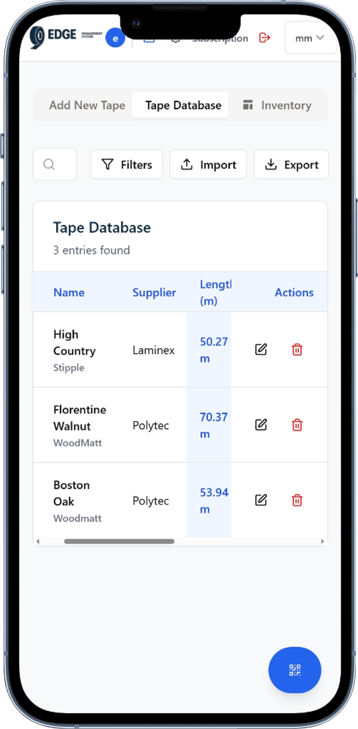 EDGE tape database and inventory entries displayed on a mobile phone